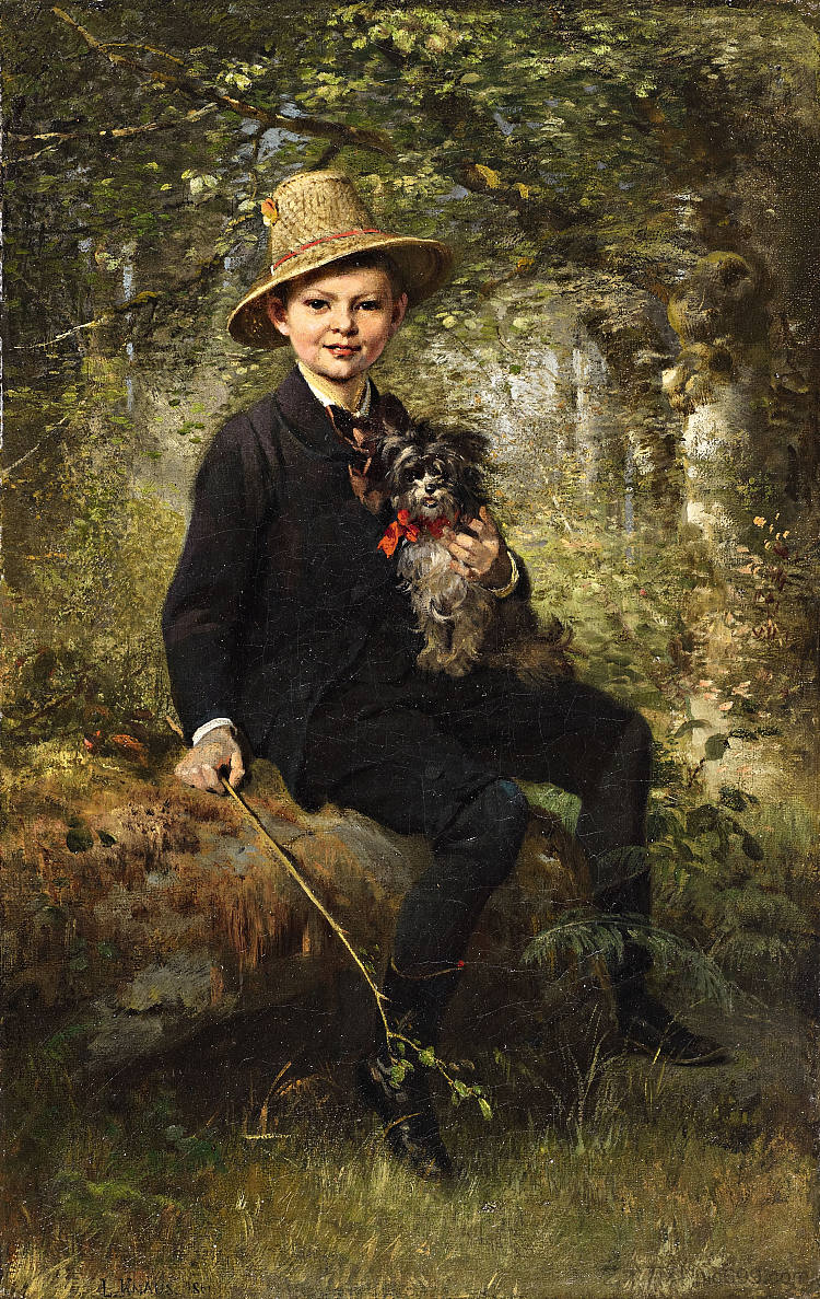 一个男孩与狗在森林里的肖像 Portrait of a boy with dog in a forest (1861)，路德维希·克瑙斯
