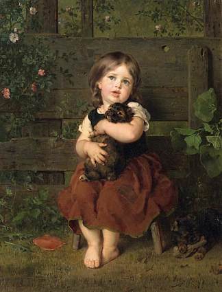 小女孩与腊肠犬小狗 Little girl with dachshund puppy (1865)，路德维希·克瑙斯