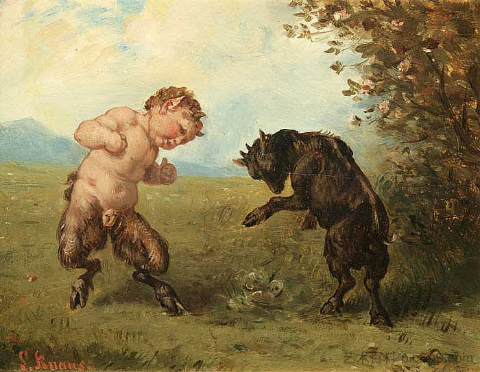 力量的考验(色狼男孩与风景中的比利山羊) Trial of strength (satyr boy with billy goat in landscape),路德维希·克瑙斯