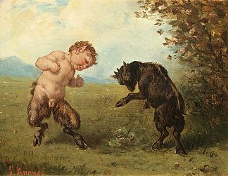 力量的考验（色狼男孩与风景中的比利山羊） Trial of strength (satyr boy with billy goat in landscape)，路德维希·克瑙斯