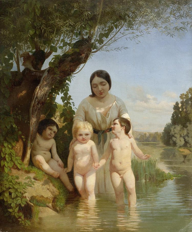 母亲和三个孩子在河边 Mother with three children by a river，路德维希·克瑙斯
