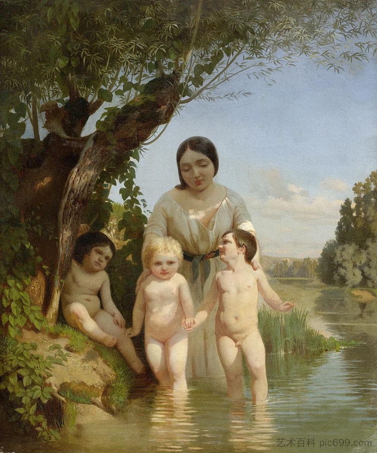 母亲和三个孩子在河边 Mother with three children by a river，路德维希·克瑙斯