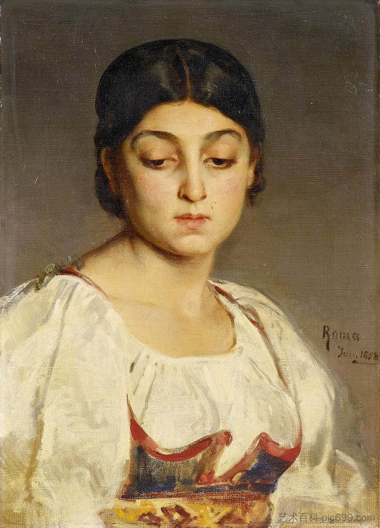 一位年轻罗马女子的肖像（1858年6月） Portrait of a young Roman woman (June 1858) (1858)，路德维希·克瑙斯