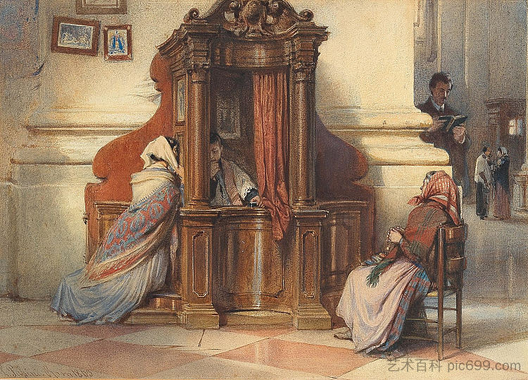 忏悔室里有女人的教堂内部 A Church Interior with Women at the Confessional (1863; Rome,Italy ),路德维希·帕西尼