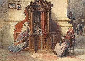 忏悔室里有女人的教堂内部 A Church Interior with Women at the Confessional (1863; Rome,Italy                     )，路德维希·帕西尼