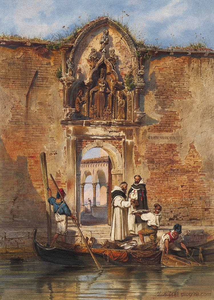 僧侣在圣母教堂的门户前买鱼 Monks Buying Fish before the Portal of the Madonna della Misericordia (1855; Venice,Italy  )，路德维希·帕西尼