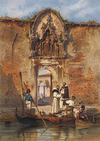 僧侣在圣母教堂的门户前买鱼 Monks Buying Fish before the Portal of the Madonna della Misericordia (1855; Venice,Italy                     )，路德维希·帕西尼