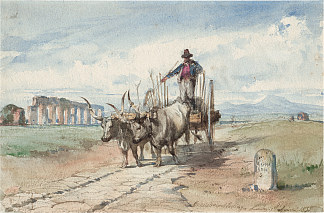 农民在罗马坎帕尼亚渡槽附近的阿皮安路上驾驶牛车 Farmer with an ox cart on the Appian Way near an aqueduct in the Roman Campagna (1851)，路德维希·帕西尼