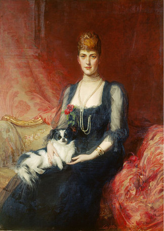 亚历山德拉女王的肖像，当威尔士王妃，与菲菲 Portrait of Queen Alexandra, When Princess of Wales, with Facey (1893)，卢克·菲尔德斯