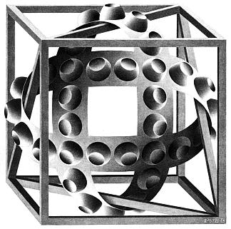 魔术丝带立方体 Cube with Magic Ribbons (1957)，莫里兹·柯尼利斯·艾雪