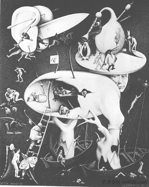 地狱,在Hiernonymus Bosch之后复制 Hell, copy after Hiernonymus Bosch (1935),莫里兹·柯尼利斯·艾雪