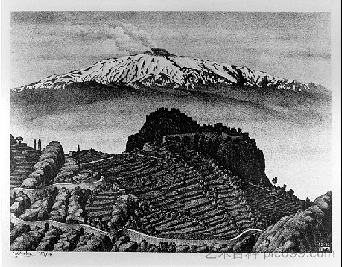 莫拉堡和埃特纳火山，西西里岛（1932年12月） Castel Mola and Mount Etna, Sicily (December 1932) (1932)，莫里兹·柯尼利斯·艾雪