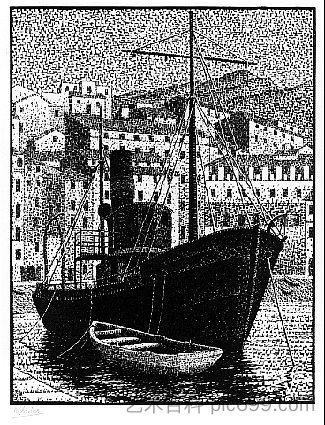 拖船，巴斯蒂亚旧港（1934年1月） Tugboat, Old Harbor of Bastia (January 1934) (1934)，莫里兹·柯尼利斯·艾雪