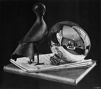 静物与球面镜 Still Life with Spherical Mirror (1934)，莫里兹·柯尼利斯·艾雪