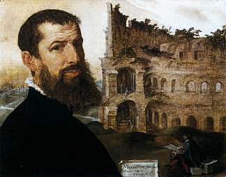 以罗马斗兽场为背景的画家自画像 Self-Portrait of the Painter with the Colosseum in the Background (1553)，迈尔顿·范·希姆斯柯克