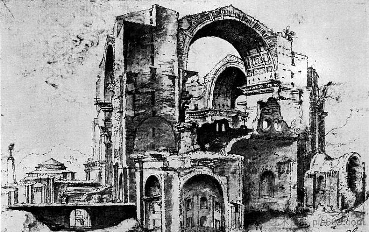 正在建设中的圣彼得大教堂 St. Peter's basilica under construction (1532 - 1537)，迈尔顿·范·希姆斯柯克