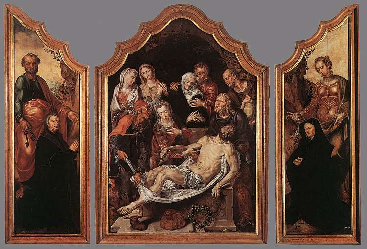 埋葬的三联画 Triptych of the Entombment (c.1560)，迈尔顿·范·希姆斯柯克