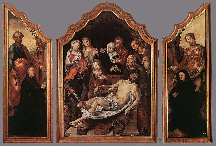 埋葬的三联画 Triptych of the Entombment (c.1560)，迈尔顿·范·希姆斯柯克