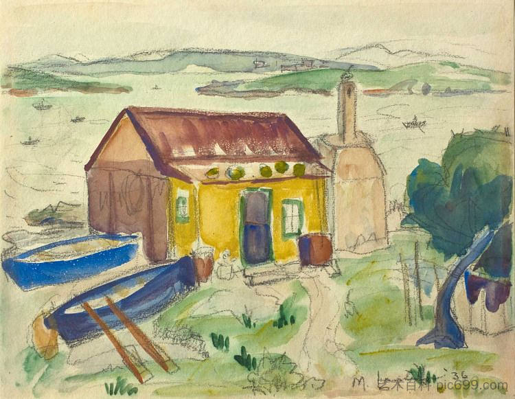 渔人小屋与船 Fisherman's Cottage with Boats (1936)，玛姬·劳布瑟