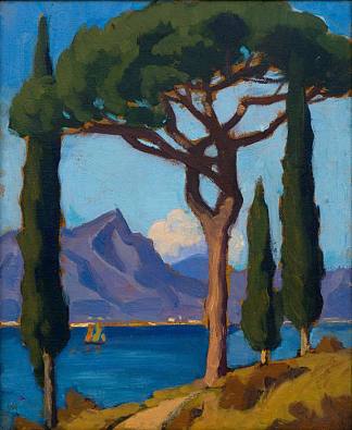湖泊场景与树木和山脉 Lake Scene with Trees and Mountains (1920)，玛姬·劳布瑟