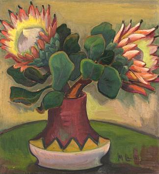 静物与花瓶中的蛋白酶与锯齿形图案 Still Life with Proteas in a Vase with Zig Zag Pattern，玛姬·劳布瑟