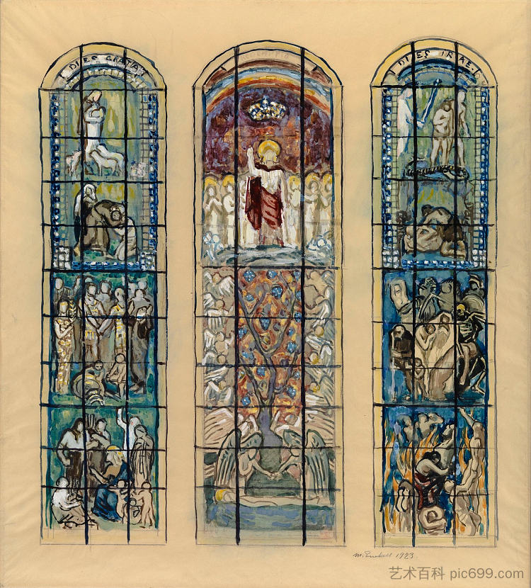 图尔库大教堂壳窗的彩色玻璃窗草图” Sketch of a stained glass window for the Shell window of Turku Cathedral " (1923)，马格努斯·恩凯尔