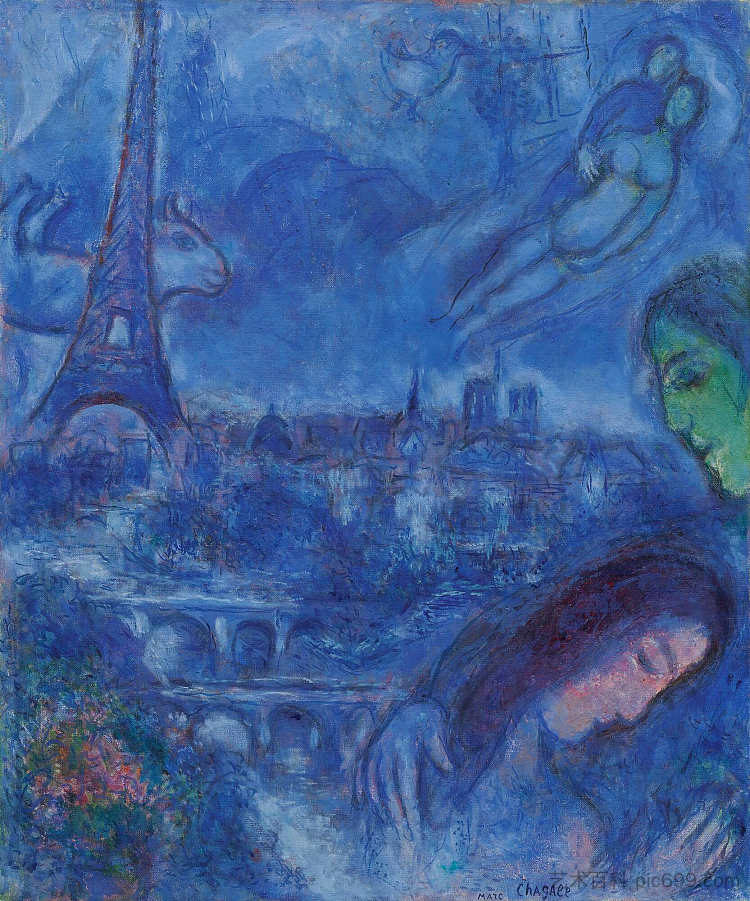 蓝色的巴黎风景 Paris landscape in blue (1967)，马克·夏加尔