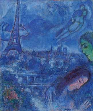蓝色的巴黎风景 Paris landscape in blue (1967)，马克·夏加尔