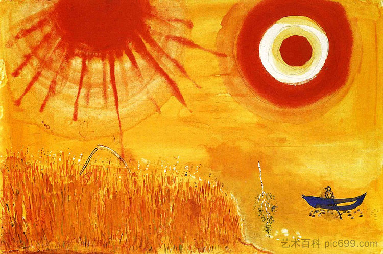 夏日午后的麦田 A wheatfield on a summer's afternoon (1942)，马克·夏加尔