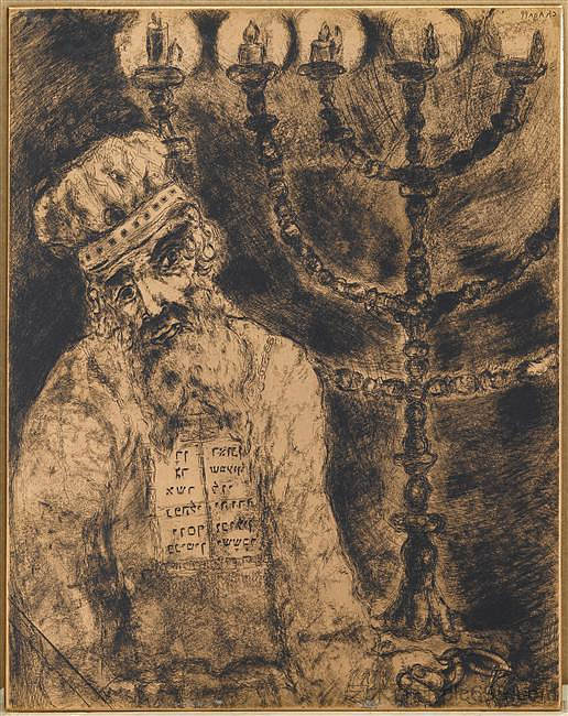 亚伦在有七根树枝的金色烛台前,按照主的规定执行 Aaron in front of the golden candlestick with seven branches, executed as prescribed by Lord (c.1956; France ),马克·夏加尔