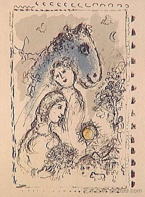 蓝马与这对夫妇 Blue Horse with the couple (1982; Saint-paul-de-vence,France  )，马克·夏加尔