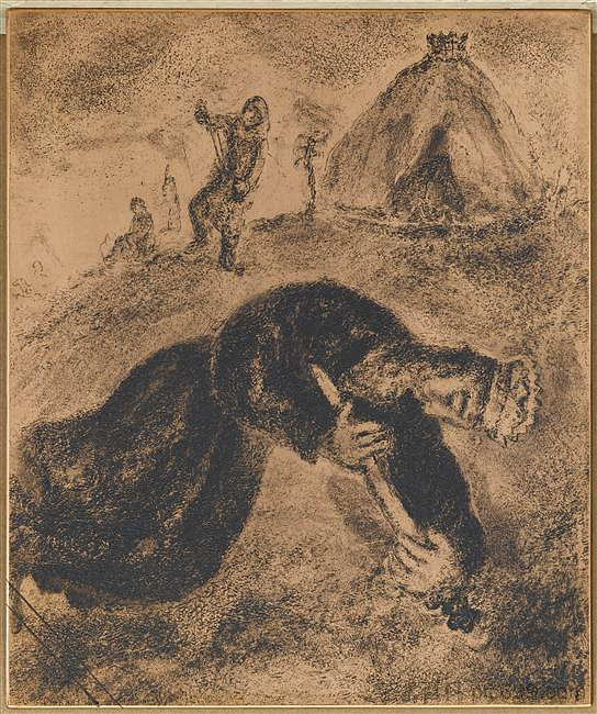 扫罗打败非利士人,用自己的剑自杀(撒母耳记上,三十一,2 6)) By beating the Philistines, Saul killed himself by his own sword (I Samuel, XXXI, 2 6)) (c.1956; France ),马克·夏加尔