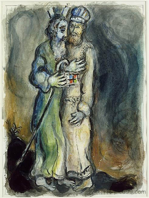 神差遣亚伦在旷野遇见摩西 God sends Aaron to meet Moses in the desert (c.1966; France ),马克·夏加尔