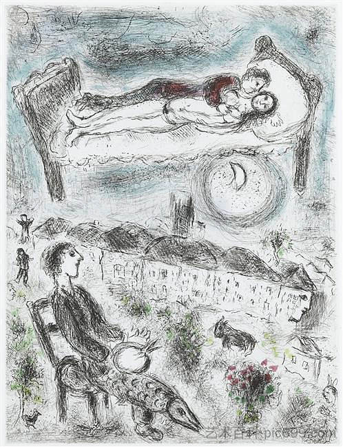 路易斯·阿拉贡(Louis Aragon)作品“一个说事而不说什么的人”的插图 Illustration for Louis Aragon's work "One who says things without saying anything" (1976; Saint-paul-de-vence,France ),马克·夏加尔