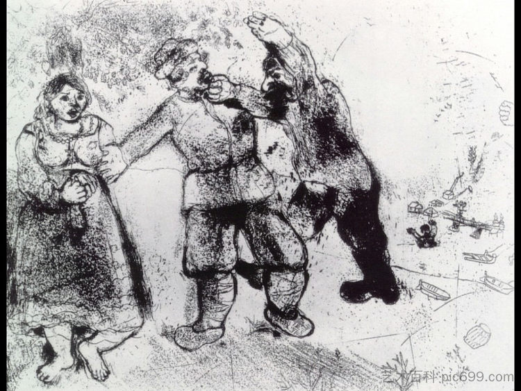 尼古拉·果戈理的《死魂灵》插图 Illustration to Nikolai Gogol's "Dead Souls" (c.1923; Paris,France  )，马克·夏加尔