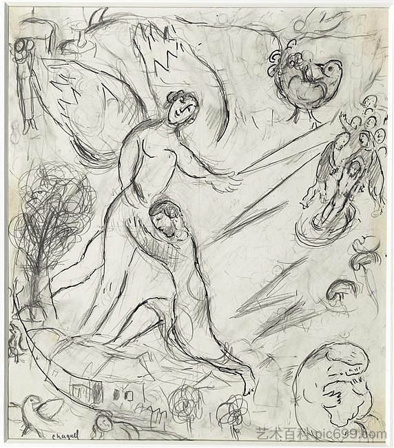 雅各布与天使摔跤 Jacob Wrestling with the Angel (c.1963; France ),马克·夏加尔