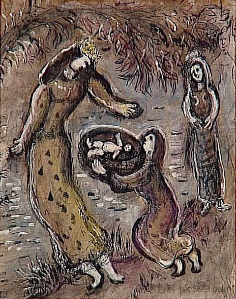摩西被法老的女儿从水中救出来 Moses is saved from the water by Pharaoh's daughter (c.1966; France ),马克·夏加尔