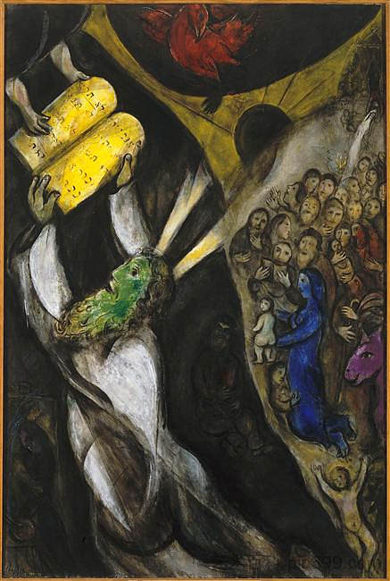 摩西接受律法碑 Moses receiving the Tablets of Law (1952; France ),马克·夏加尔