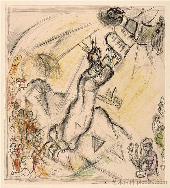 摩西接受律法碑 Moses receiving the Tablets of Law (c.1963; France ),马克·夏加尔