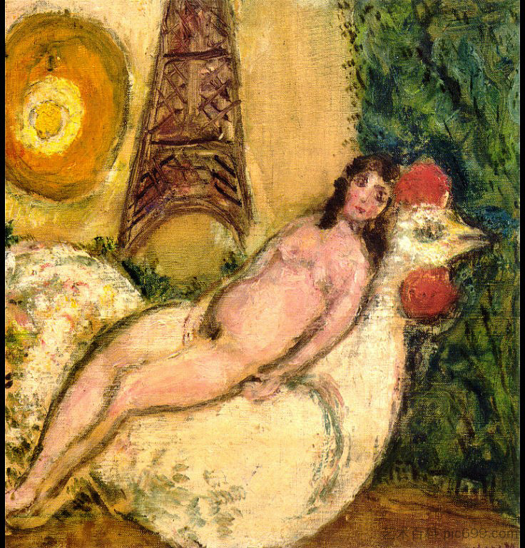 赤身裸体在白色的公鸡上 Naked on a white cock (1925; Paris,France  )，马克·夏加尔