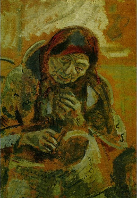 拿着一团纱线的老妇人 Old Woman with a Ball of Yarn (c.1906; Liozna,near Vitebsk,Belarus  )，马克·夏加尔