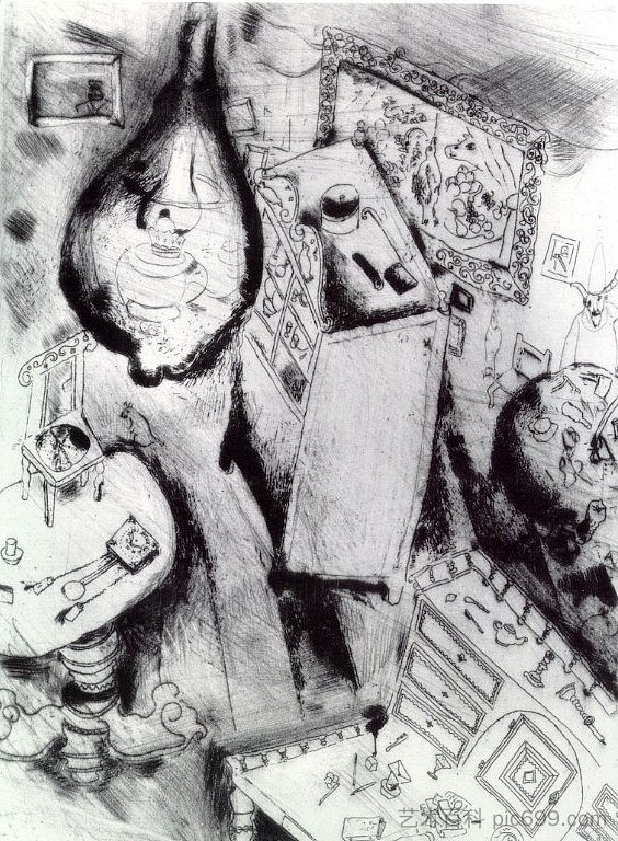 普柳什金的房间 Pliushkin's room (c.1923; Paris,France ),马克·夏加尔