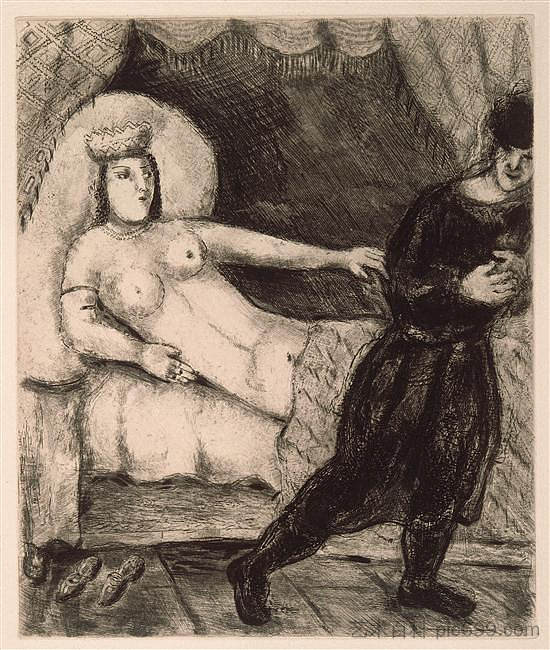 波提乏的妻子试图勾引约瑟未成功（创世记三十九，7 9） Potiphar's wife unsuccessfully tries to seduce Joseph (Genesis XXXIX, 7 9) (c.1956; France  )，马克·夏加尔