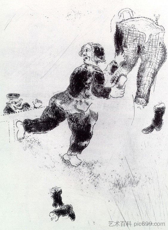 塞利凡打断彼得鲁奇卡的清洁工作 Selifan interrupts Petrouchka cleaning (c.1923; Paris,France ),马克·夏加尔