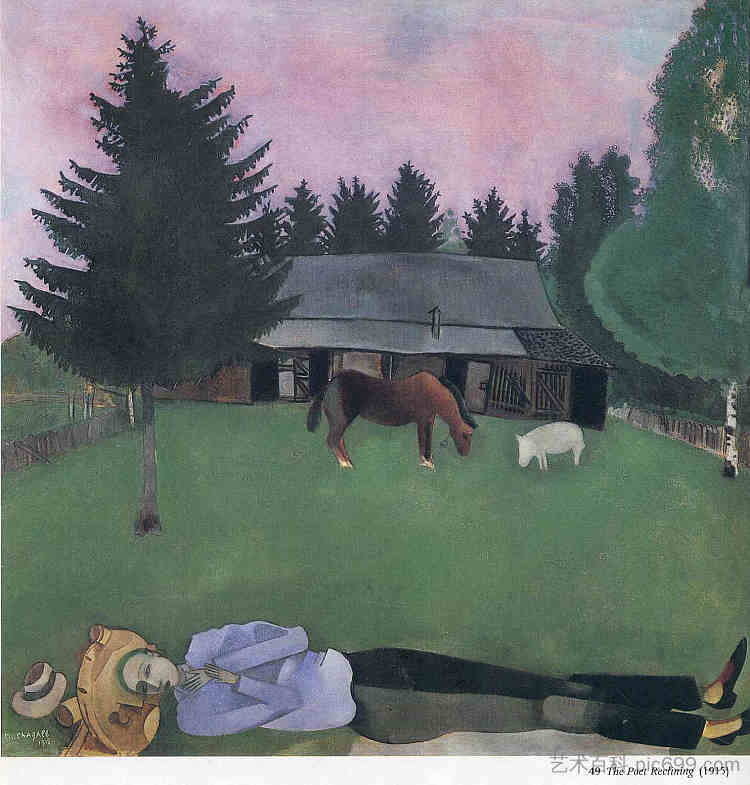 诗人斜倚 The Poet Reclining (1915; Belarus  )，马克·夏加尔