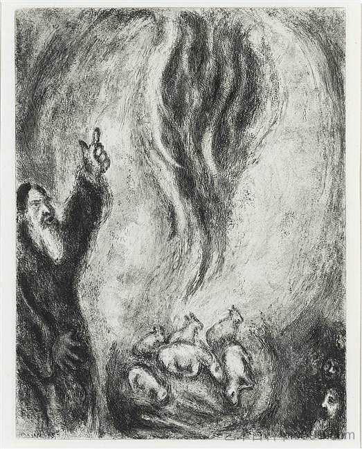 以利亚献上的祭品被耶和华的火所吞噬(列王纪上十八,36-38) The sacrifice offered by Elijah is consumed by the fire from the Lord (I Kings XVIII, 36-38) (c.1956; France ),马克·夏加尔