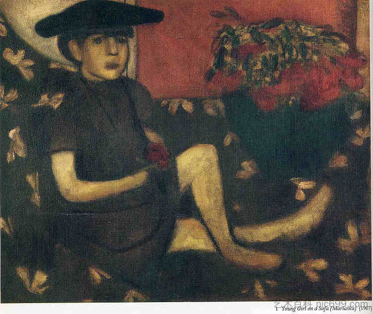 沙发上的年轻女孩（玛丽亚斯卡） Young Girl on a Sofa (Mariaska) (1907; Liozna,near Vitebsk,Belarus  )，马克·夏加尔