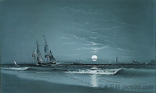 港口入口，月光 Entrance to harbor, Moonlight (1881)，马库斯·拉森