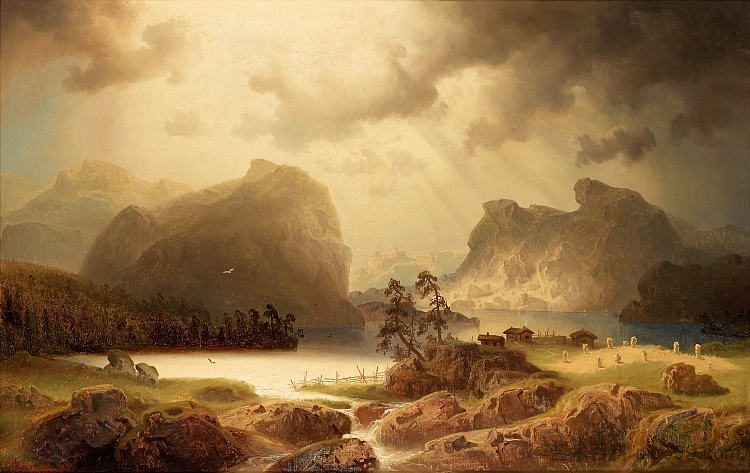 挪威的峡湾景观 Fjord landscape in Norway (1860)，马库斯·拉森