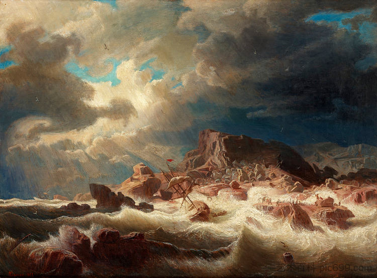 波涛汹涌的大海与沉船 Stormy sea with ship wreck (1857)，马库斯·拉森